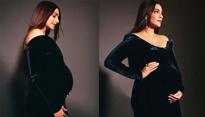 Sonam Kapoor flaunts baby bump in elegant navy-blue gown