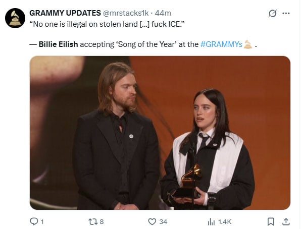 Billie Eilish wins award for Song of the Year at 2026 Grammy Awards