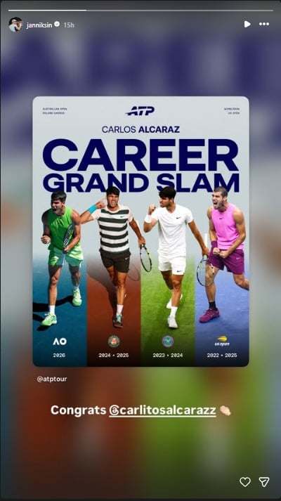 Jannik Sinner congratulates Carlos Alcaraz after career Grand Slam milestone