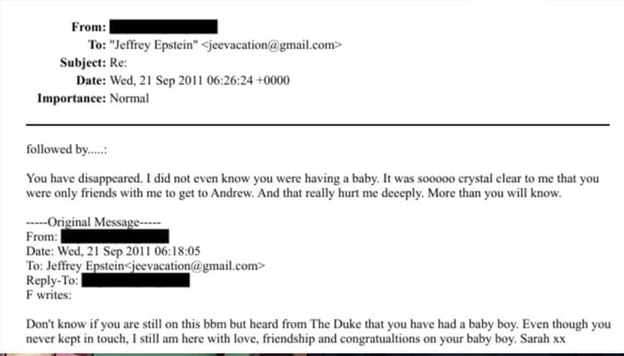 Sarah Ferguson celebrated baby boy news in shocking email to Jeffrey Epstein