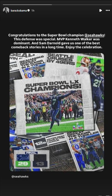 Obama congratulates Super Bowl champion Seattle Seahawks in special post