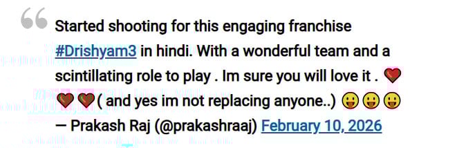 Prakash Raj joins cast of Drishyam 3, says he isnt replacing anyone