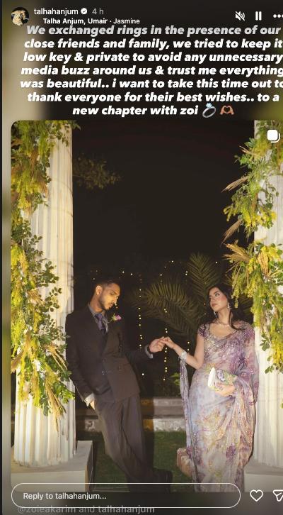 Talha Anjum shares intimate details of ring exchange with Zoiea Karim