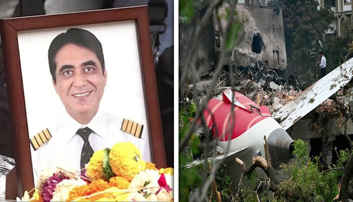 دائیں تصویر میں حادثے کے شکار طیارے کا ملبہ بکھرا پڑا ہے، بائیں تصویر میں کیپٹن سمیّت سبروال—فائل فوٹوز