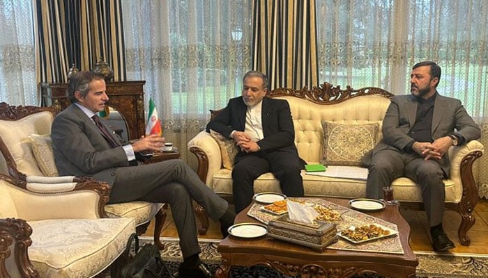 ایرانی وزیر خارجہ عباس عراقچی جینوا پہنچنے کے بعد بین الاقوامی ایٹمی توانائی ایجنسی کے سربراہ رافیل ماریونو گروسی سے ملاقات کر رہے ہیں(تصویر سوشل میڈیا)۔