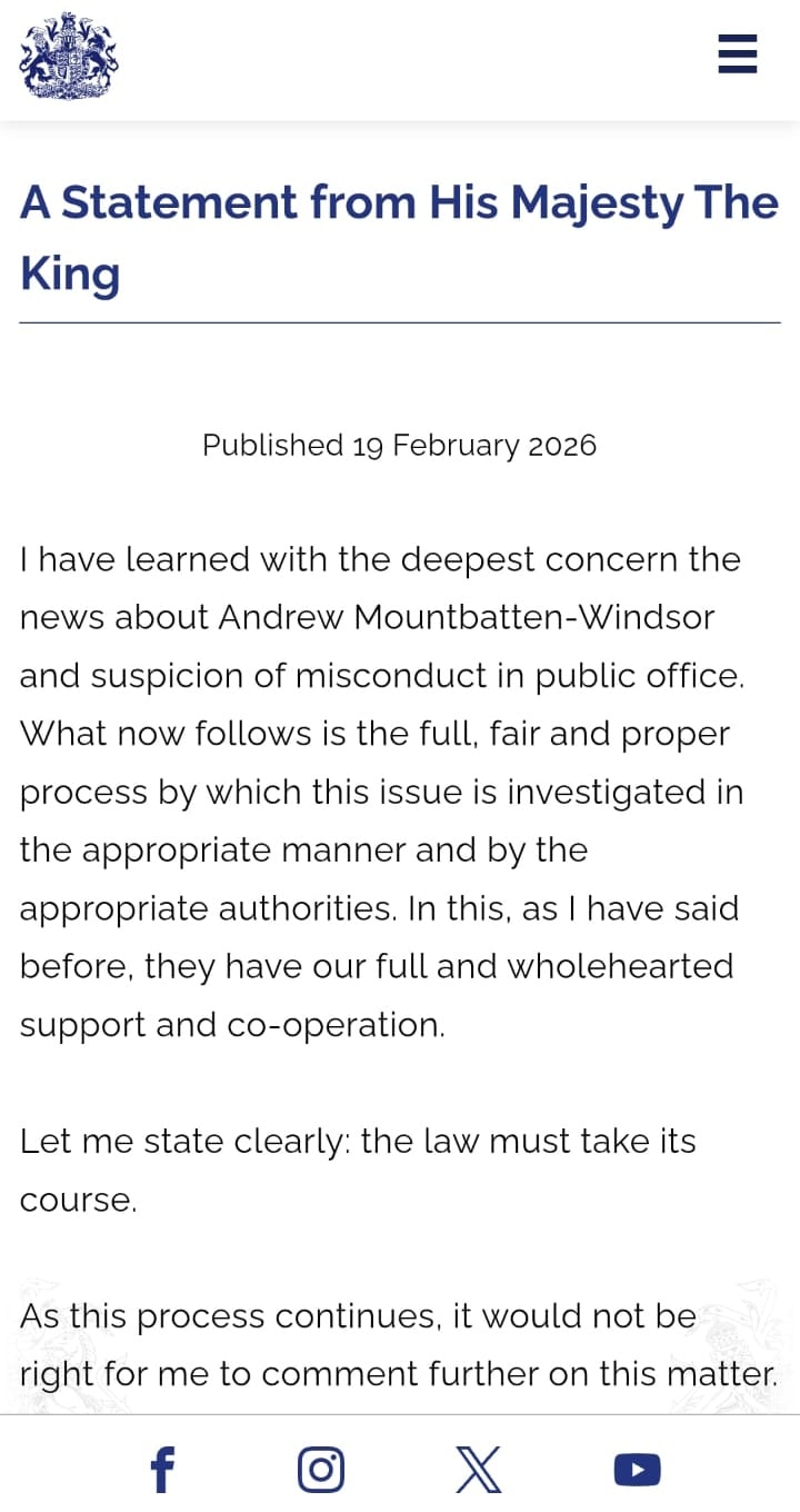 King Charles breaks silence on Andrew Mountbatten-Windsors arrest