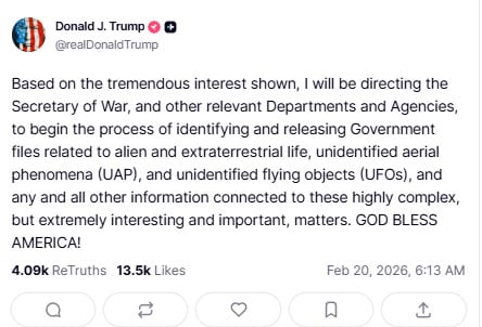 ٹرمپ کا یو ایف اوز و خلائی مخلوق سے متعلق سرکاری فائلیں جاری کرنے کا عندیہ