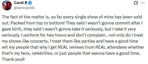 Cardi B is already 12 shows into her Little Miss Drama Tour