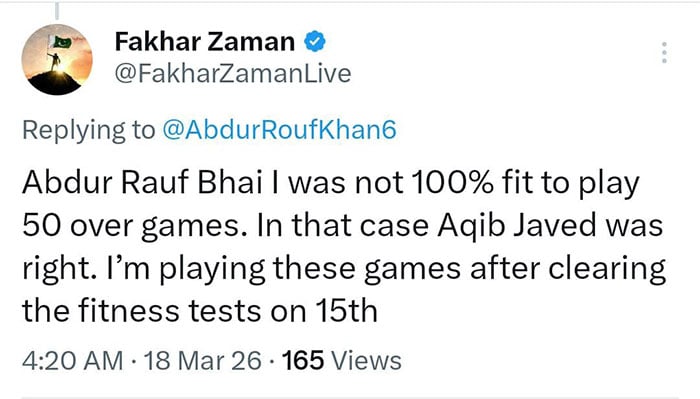 فخر زمان نے اپنی فٹنس سے متعلق تبصروں پر خاموشی توڑ دی