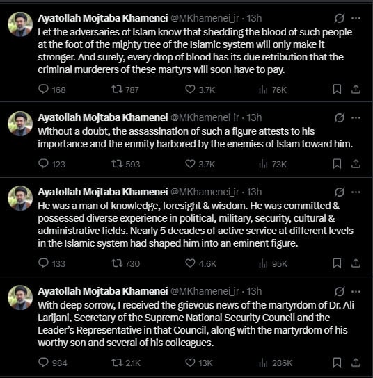 علی لاریجانی کے قاتلوں کو ان کے خون کا حساب جلد دینا ہو گا: مجتبیٰ خامنہ ای