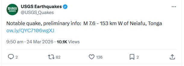 7.5 magnitude earthquake jolts Tonga in Pacific Ocean