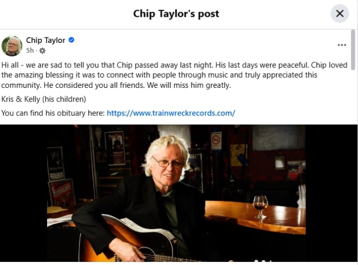 P.C. Chip Taylor via Facebook