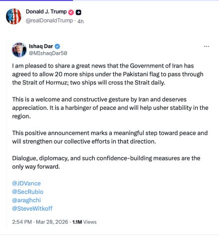 ٹرمپ نے اسحاق ڈار کی پوسٹ شیئر کردی