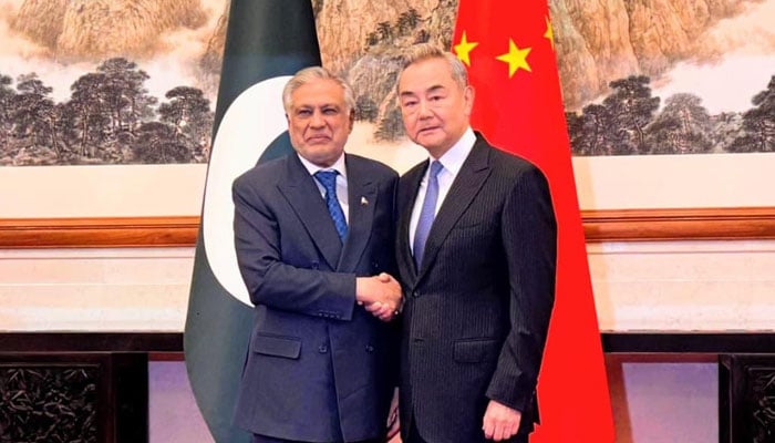 نائب وزیراعظم اور وزیر خارجہ اسحاق ڈار چین کے وزیر خارجہ وانگ ژی سے بیجنگ کے اسٹیٹ گیسٹ ہاؤس میں ملاقات کر رہے ہیں - فوٹو: پی آئی ڈی