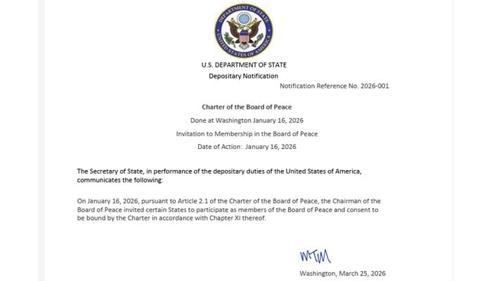 امریکی محکمہ خارجہ نے بورڈ آف پیس چارٹر کے دستخط کنندگان کو نوٹیفکیشن جاری کردیا