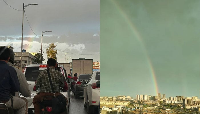 کراچی میں موسلا دھار بارش کے بعد دلکش دہری قوسِ قزح کا نظارہ