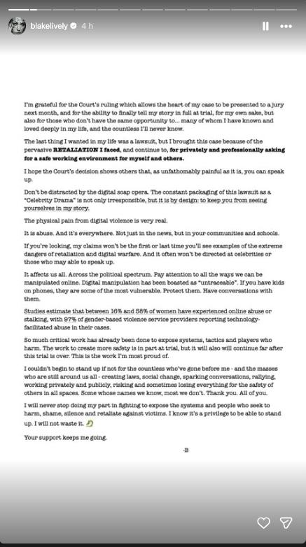 Blake Lively issues powerful statement after judge dismisses majority of claims