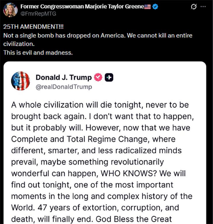 ٹرمپ کا ایرانی تہذیب کے خاتمے کی دھمکی کا بیان پاگل پن اور نسل کشی کا انتباہ قرار