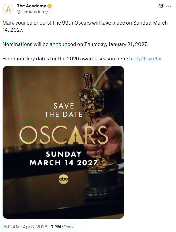 The Academy finally announces dates for the 99th and 100th Oscars