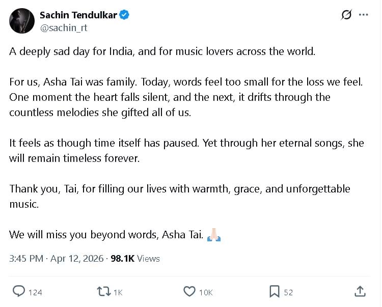 Virat Kohli, Sachin Tendulkar pay emotional tribute to Asha Bhosle