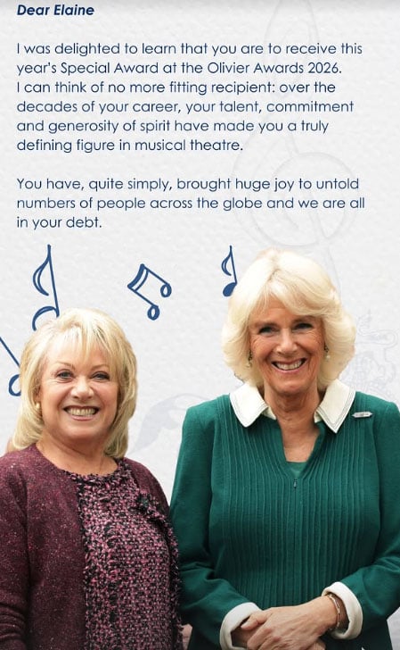 Queen Camilla sends special message as Elaine Paige wins Olivier Award: ‘in your debt’