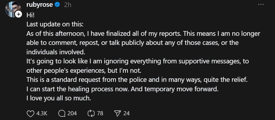 Ruby Rose gives last update after filing police report over Katy Perrys sexual assault claims