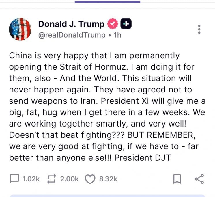 Trump reveals US ‘permanently opening Strait of Hormuz’ for China ahead of visit