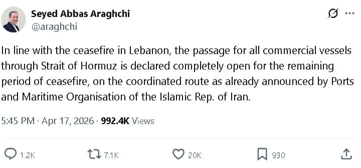 Iran reopens Strait of Hormuz amid Israel-Lebanon ceasefire