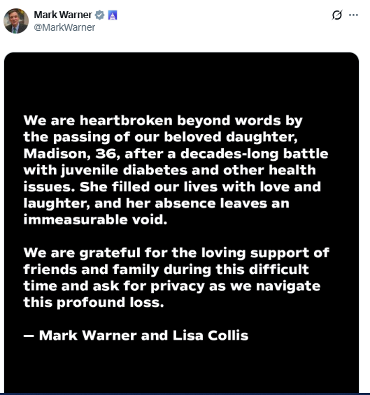 Sen. Mark Warner ‘heartbroken’ after daughter Madison’s passing at 36