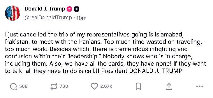 Iran delivers demands in Islamabad talks as Trump cancels US delegation visit