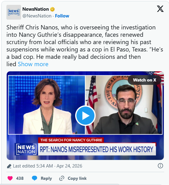 Pima County supervisor reveals sheriff in Nancy Guthrie case hid misconduct