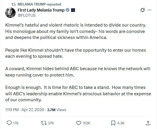 Melania Trump slams coward Jimmy Kimmel over widow joke after WHCD shooting