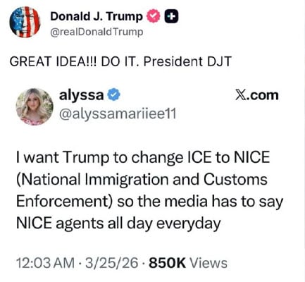 ٹرمپ نے ’آئی سی ای‘ کا نام بدل کر ’نائس‘ رکھنے کی حمایت کر دی