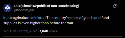 ملک میں اشیائے ضروریہ اور خوراک کے ذخائر موجود ہیں: ایرانی وزیرِ زراعت