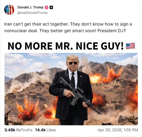 Trump shares AI image with rifle, issues warning to Iran: ‘No more Mr. Nice Guy’