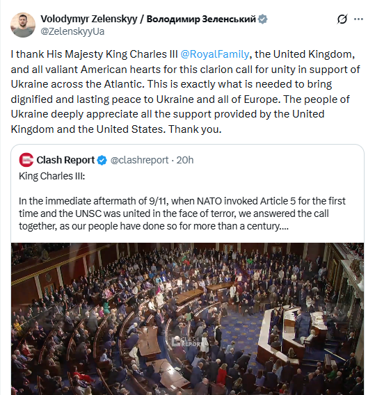 Zelenskyy praises King Charles’ call for unity on Ukraine during US state visit