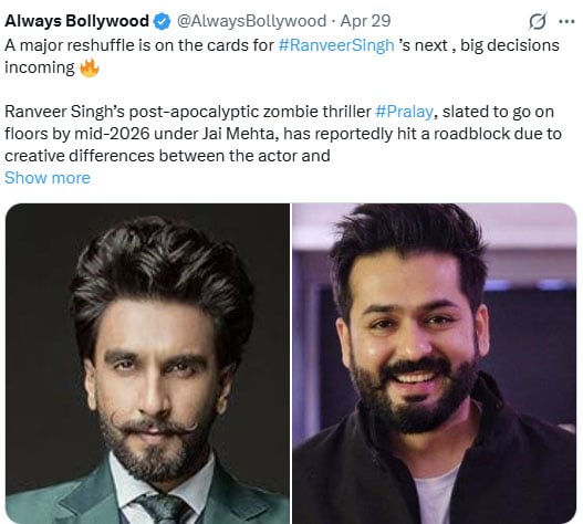 Ranveer Singh quits Pralay after ‘Dhurandhar’ success? Here’s what we know