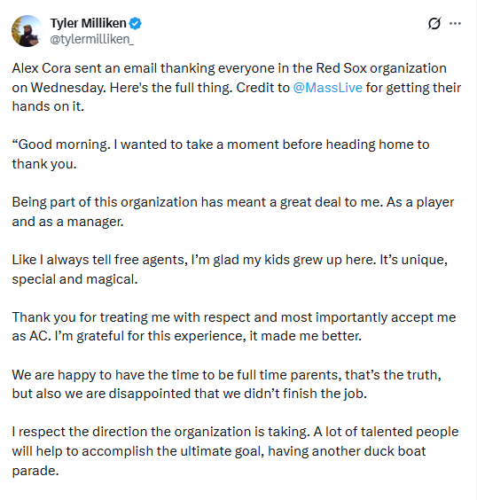 Alex Cora’s surprising farewell message to Red Sox staff stuns Boston fans