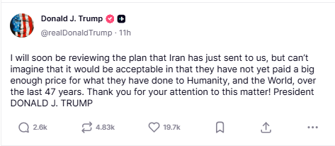Trump hints at rejecting new Iran peace proposal: Not ‘paid big enough price’