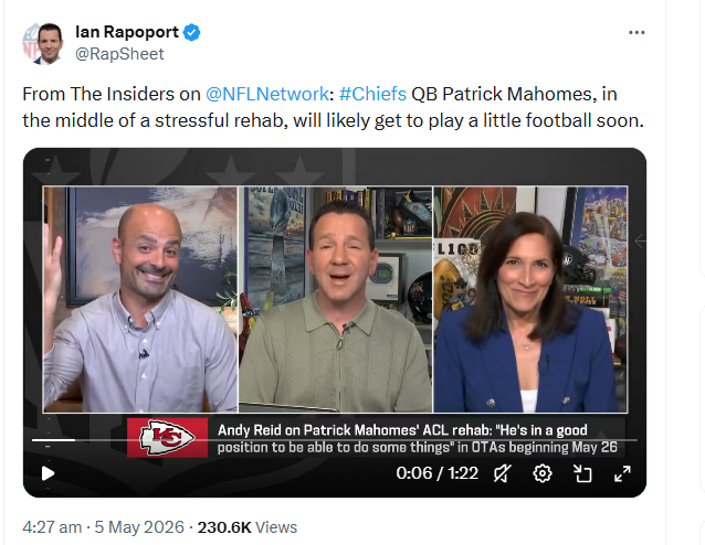 Patrick Mahomes to join Chiefs ‘way ahead of schedule’ as rehab progresses