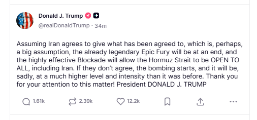 Trump threatens escalated bombing on Iran if peace talks collapse