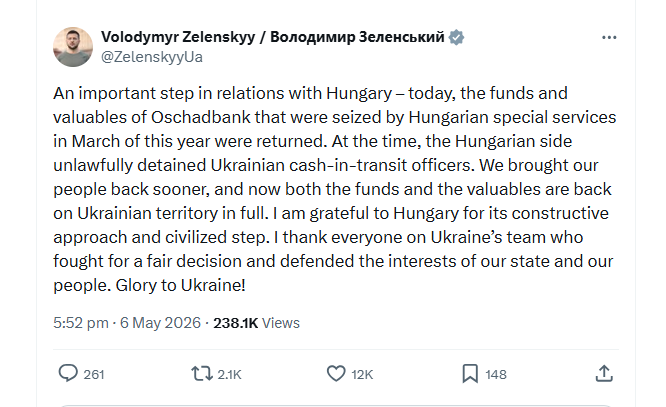 Zelenskyy praises Hungary’s ‘important step’ after return of seized gold