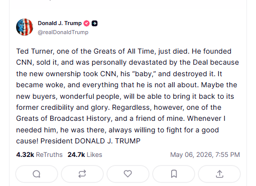 Trump slams CNN, pays tribute to ‘greatest of all time’ Ted Turner after death