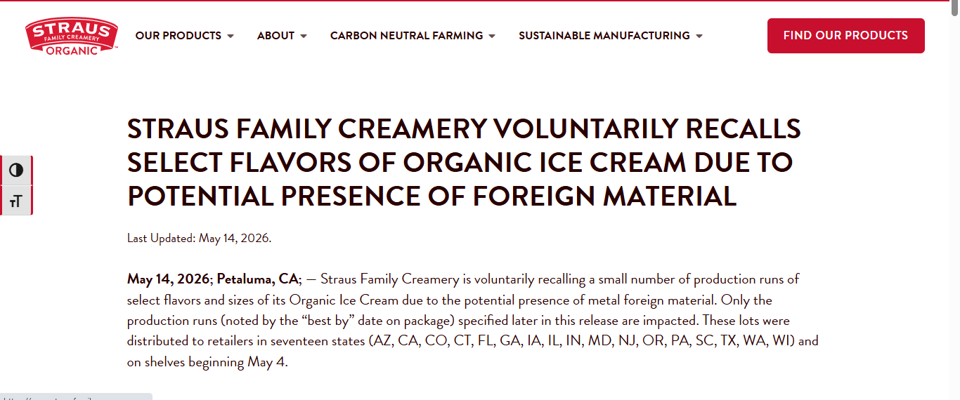 Straus Family Creamery ice cream recalls over metal fragment contamination