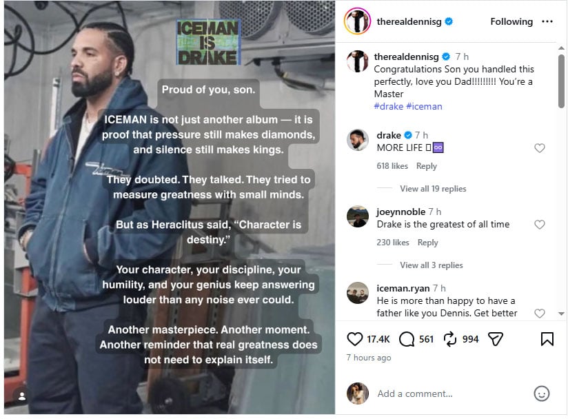 Drake’s dad reacts to Iceman success with powerful message for rapper
