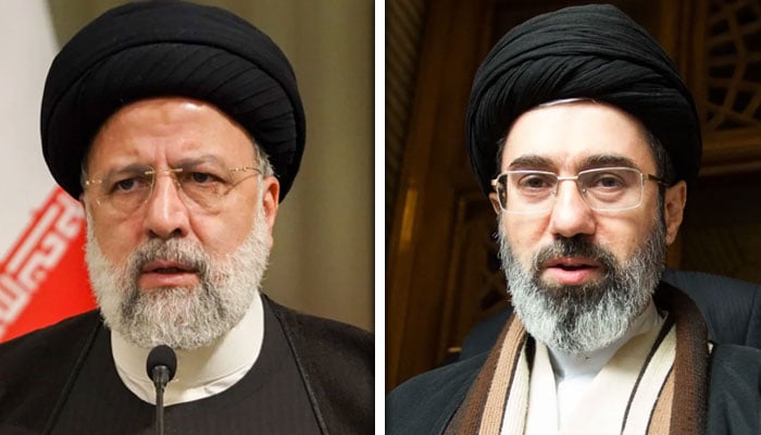 مجتبیٰ خامنہ ای (دائیں) اور ابراہیم رئیسی مرحوم (بائیں) - کولاج فوٹو: فائل