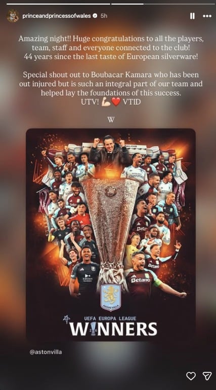 Prince William sends personal message after Aston Villa’s historic win