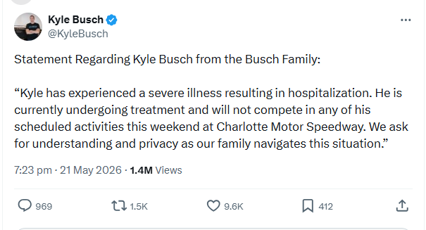 Kyle Busch hospitalized with severe illness, out for Coca-Cola 600