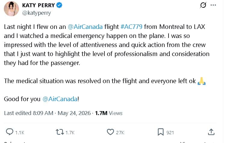 Katy Perry commends Air Canada staff for handling onboard medical crisis