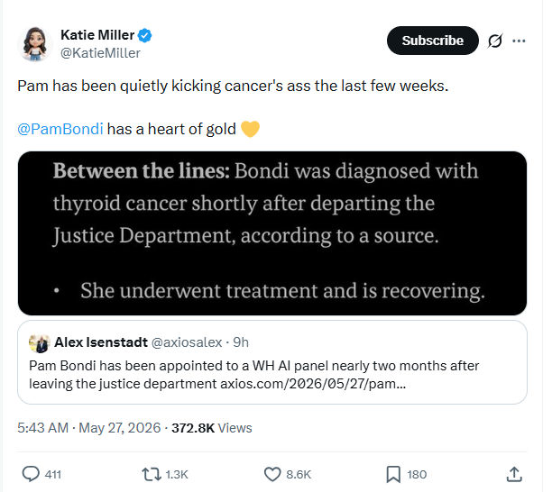 Pam Bondi diagnosed with thyroid cancer weeks after leaving justice department